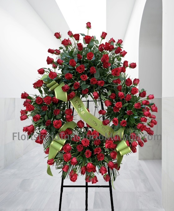 enviar corona de rosas rojas urgentes para Tanatorio, Enviar flores para funeral rosas rojas, Envío de coronas funerarias urgentes
